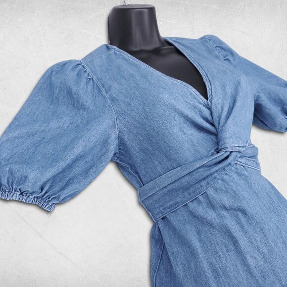 Old Navy Twist Front Midi Dress Womens S Denim Blue Puff Sleeve Cottage Boho - Picture 2 of 12